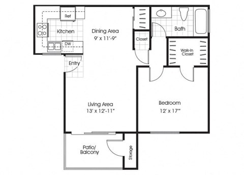 Floor plan for 1 bed, 1 bath, 651 sqft